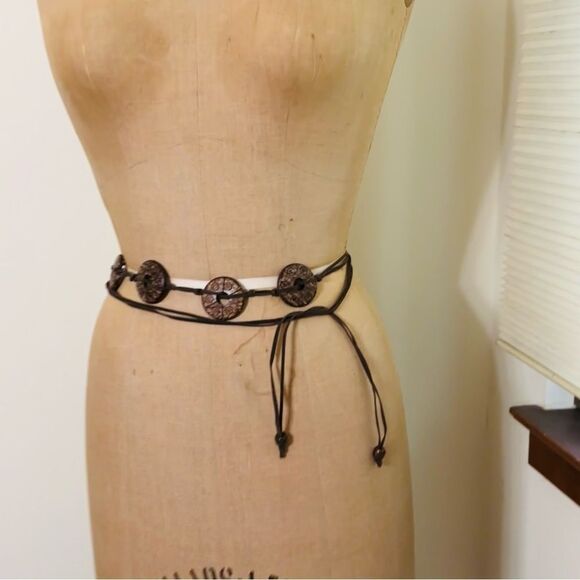 Southwestern Boho Brown Leather Wrap Belt with Decorative Coconut Shell Accents - Picture 2 of 13